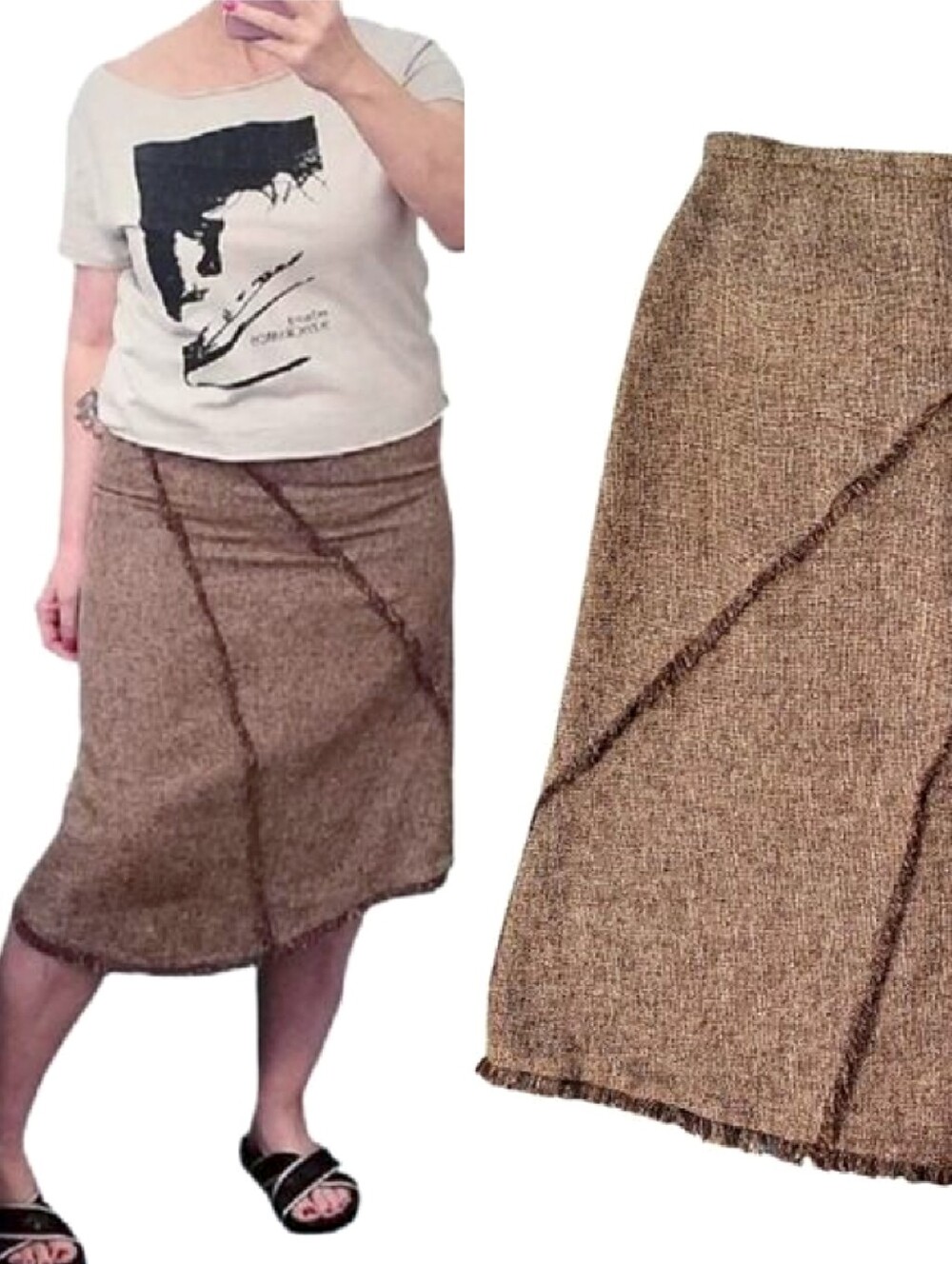 VTG Brown Boho Tweed Fringe Trim High Rise Midi Skirt Size‎ 6